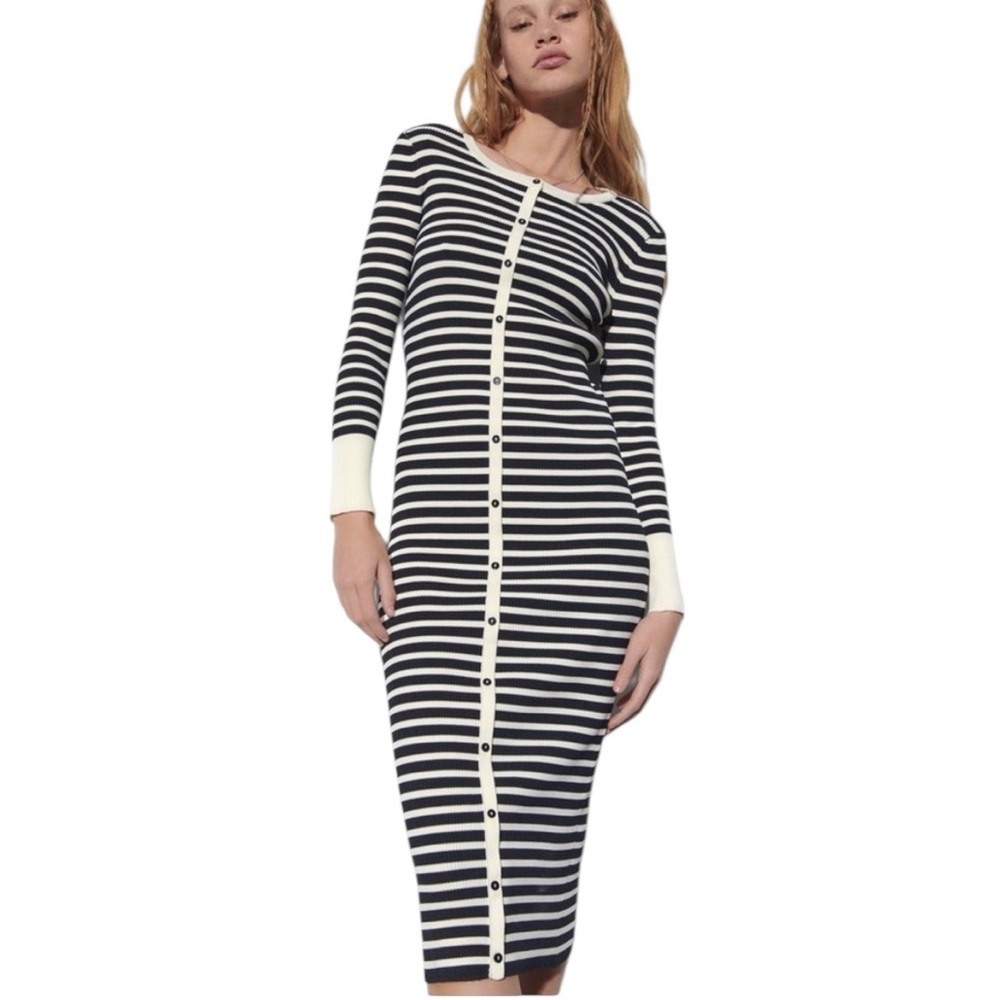 NWT Zara Black Off White Stripe Button Front Stretchy Ribbed Knit Midi Dress - M